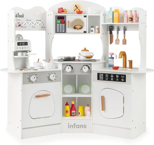 Miniatura 11 de INFANS Juego de cocina esquinera para niños, juego de cocina de madera para niños pequeños con luces, sonidos, máquina de café, lavadora, gabinete