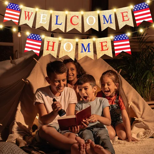 Miniatura 6 de Mudder Cartel de bienvenida al hogar del 4 de julio con decoración LED, cadena de luces de hadas, 2 modos de parpadeo, pancarta patriótica