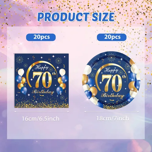 Miniatura 2 de 40 piezas de decoración para el 70 cumpleaños de hombres, azul marino y dorado, decoración de fiesta de cumpleaños feliz, incluye platos