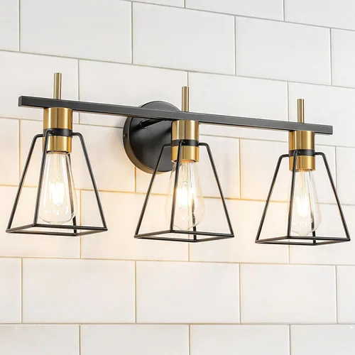 Lámparas de pared industriales para el baño: lámpara de pared de 3 luces en negro y dorado, estilo vintage con jaula de metal - lámpara de pared