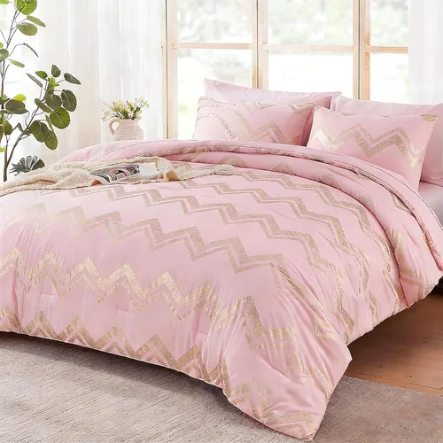 Miniatura 3 de Juego de ropa de cama para niñas, edredón rosa dorado para cama tamaño queen, 7 piezas, juego de ropa de cama dorado con purpurina en lámina