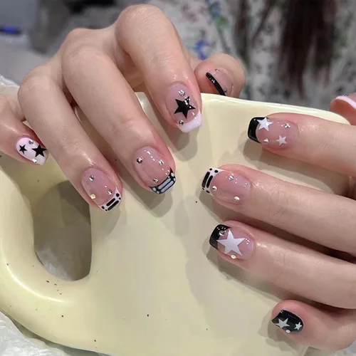 Miniatura 2 de Uñas postizas a presión con punta francesa, uñas postizas cuadradas cortas con diamantes de imitación de estrellas blancas y negras, diseño de uñas