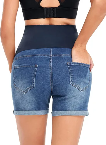 Miniatura 5 de HOFISH Pantalones de mezclilla elásticos para mujer, cómodos pantalones cortos de mezclilla para entrenamiento, casuales, para embarazo