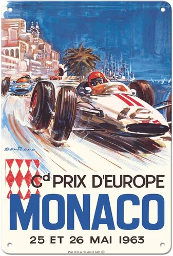Pacifica Island Art Mónaco Grand Prix Europe (Gd Prix D'Europe) - Póster de carreras de coches vintage por Michel Beligond c.1963 - Cartel de metal