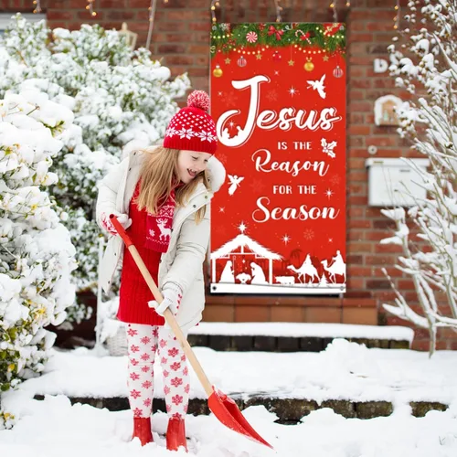 Miniatura 5 de WovWeave Decoración navideña para puerta religiosa al aire libre, Jesús es la razón de la temporada, fondo de fotografía de Navidad, pancarta