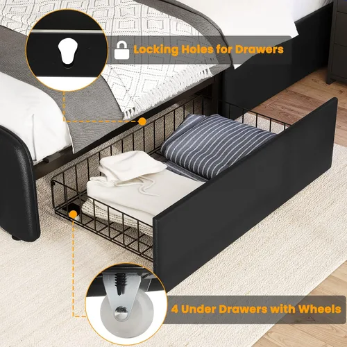 Miniatura 7 de AOGLLATI Base de cama Queen con cabecero y 4 cajones de almacenamiento, luz LED y 2 puertos USB, marco de cama LED tamaño Queen con soporte