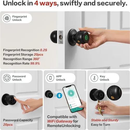Miniatura 3 de Lockin Cerradura de Puerta con Huella Dactilar 4 en 1, Perilla de Puerta Inteligente con Cerradura, Cerradura de Puerta Biométrica con Control por