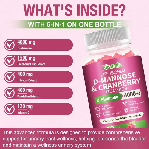 Miniatura 2 de Paquete de 2 gomitas liposomales D-manosa de 4000 mg complejo de arándano 1500 mg e hibisco, fórmula de alta potencia para mujeres tracto urinario