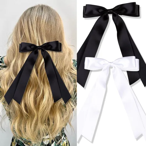 Miniatura 14 de Seneeel Lazos para el cabello, 2 piezas grandes de lazo doble para mujer, negro, blanco
