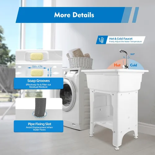 Miniatura 8 de Fregadero de lavandería de plástico independiente blanco con tabla de lavadero, fregadero de utilidad para interiores y exteriores con grifo de agua