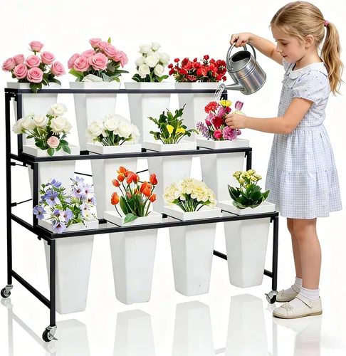 Soporte de exhibición de flores de metal de 3 niveles, carrito móvil resistente para plantas de flores con 12 cubos y ruedas con bloqueo, estante
