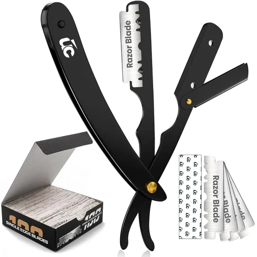 Utopia Care - Rasuradora de seguridad profesional, para peluquero, de borde recto, con 100 cuchillas Derby, 100 % acero inoxidable, (negro)