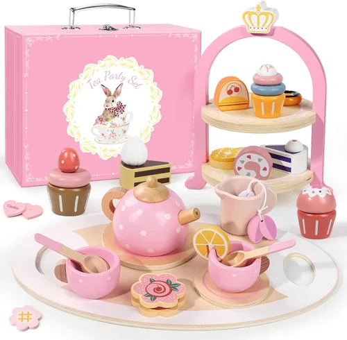 Juego de fiesta de té de madera para niñas pequeñas, regalos para niñas pequeñas, juguetes de la hora del té de princesa, juego de té de madera,