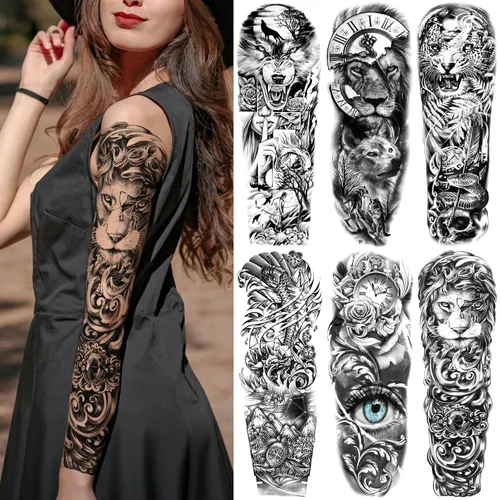 Miniatura 11 de Mangas temporales de tatuaje de bosque, brazo completo, lobo grande, león, animal, bosque, tribal, tatuajes falsos para hombres, mujeres y adultos