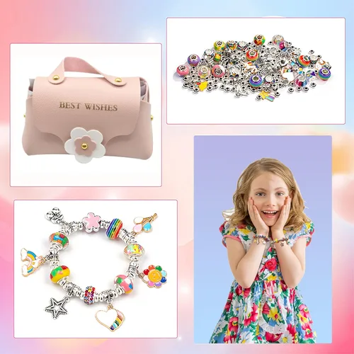 Miniatura 6 de Jieaissna Juego de 165 piezas de joyería para niñas pequeñas, kit de fabricación de pulseras de joyería artesanal con cuentas, colgantes, pulseras