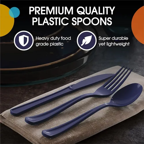 Miniatura 4 de Exquisite Cucharas de plástico azul marino, 50 piezas, cucharas de color azul marino, utensilios desechables, cubiertos de plástico resistente