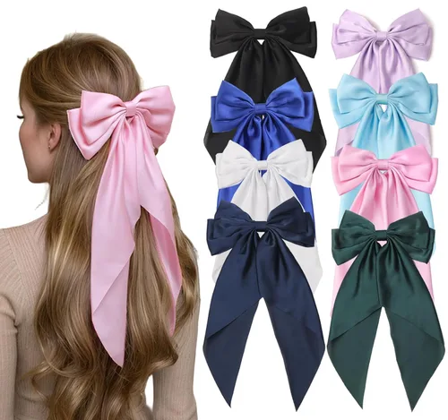 Miniatura 7 de Furling Pompoms - Lazos para el cabello para mujer, pinzas grandes de satén sedoso para el cabello, lazos para el cabello con cola larga, pasadores