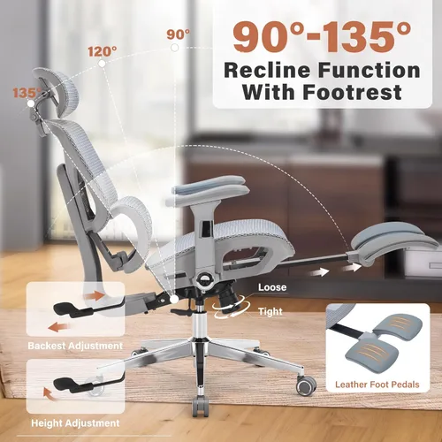 Miniatura 7 de Silla de oficina ergonómica con reposapiés, silla de escritorio de malla resistente de 400 libras, reposabrazos 5D, lumbar 3D, respaldo de 5 Gris