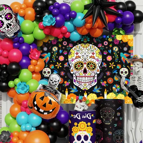 Miniatura 4 de MEHOFOND Telón de fondo del Día de los Muertos de 7 x 5 pies, diseño de calavera de azúcar Dia De Los Muertos, fondo de fotografía, Fieasta