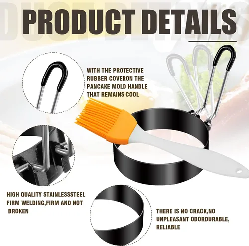 Miniatura 3 de 12 anillos de huevo para freír huevos, molde antiadherente para panqueques, molde de acero inoxidable con 4 cepillos de silicona, forma redonda