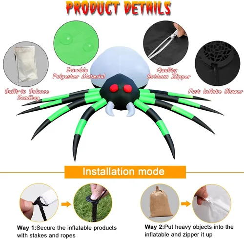 Miniatura 5 de Araña inflable de Halloween de 12 pies, decoración al aire libre, araña gigante con luces de llama y ojos rojos brillantes, accesorios de araña