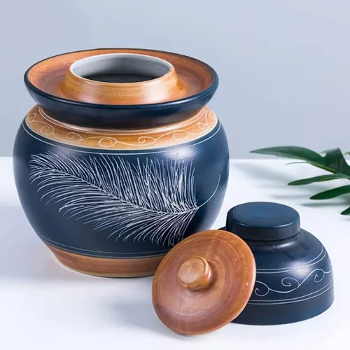 Miniatura 6 de Tarro de encurtido de porcelana china tradicional azul, olla de decapado de fermentación de cerámica, frasco de fermentación con sello de agua tapa