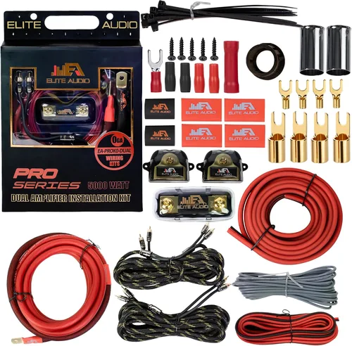 Elite Audio Kit de cableado de amplificador dual calibre 0, kit de instalación de amplificador OFC de 5000 W para 2 amplificadores - EA-PROK0-DUAL