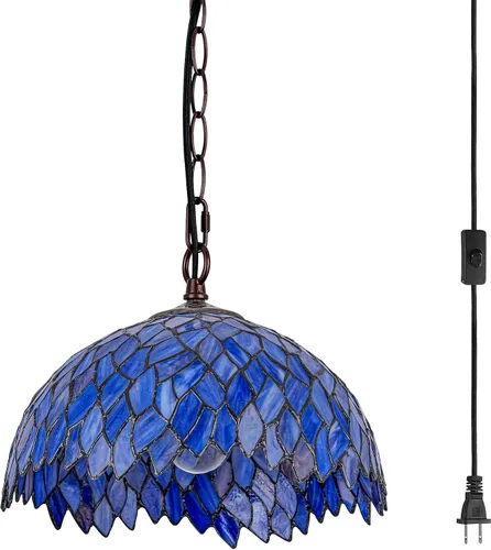 Miniatura 15 de Lámpara Colgante de Vidrio Emplomado Estilo Tiffany con Enchufe, 12" de Ancho Diseño de Glicinia Lámpara Colgante, Cadena de 60 Pulgadas Cable de 15