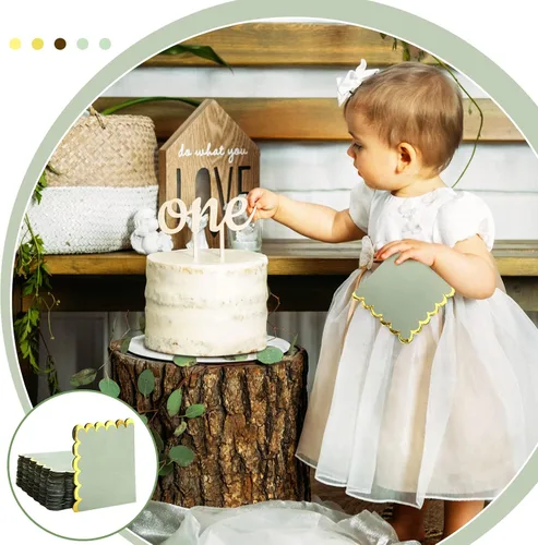 Miniatura 7 de Panelee Paquete de 100 servilletas de cóctel verde salvia con lámina dorada de 2 capas de postre plegadas de 5 x 5 pulgadas, servilletas desechables