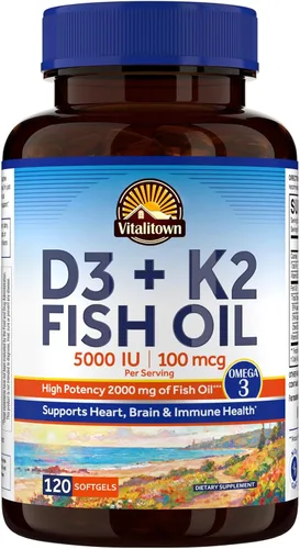Vitalitown Vitamina D3 K2 con suplementos Omega-3 de aceite de pescado, 1000 mg EPA DHA Omega 3 ácidos grasos de pescado fresco capturado silvestre,