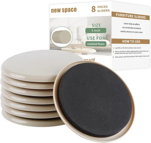new space - Deslizadores de muebles para alfombras, 8 piezas deslizantes redondos de 5 pulgadas para mover muebles, deslizadores móviles de muebles
