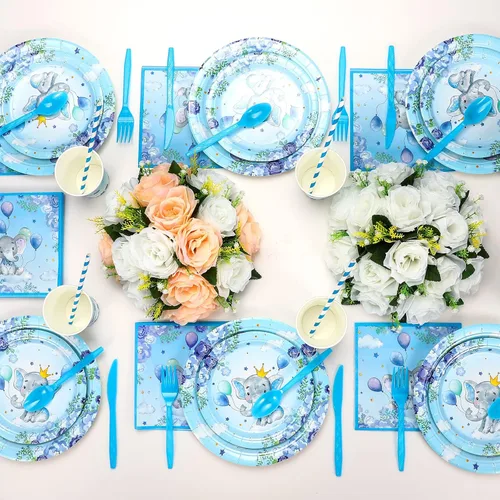 Miniatura 4 de Spakon Juego de 200 piezas de decoración de baby shower, platos de papel para fiesta de elefante, servilletas, tazas y vajilla, juego de vajilla Azul