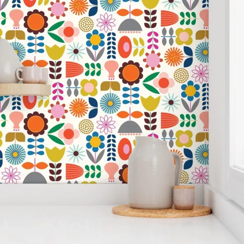 Miniatura 8 de Spoonflower Despegar y pegar papel tapiz Muestras - Mod Jardín escandinavo Scandi Arte Flores Margarita Azul Marino Naranja Rosa Vivero Floral