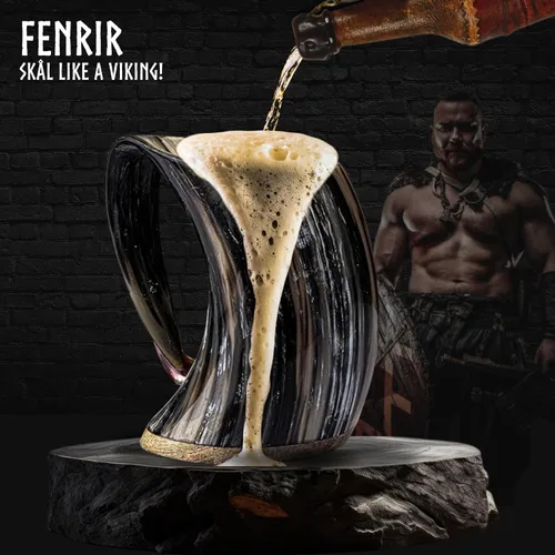 Miniatura 5 de FENRIR Taza de cuerno vikingo de 16 onzas con vaso de chupito, regalos vikingos para hombres y mujeres, abridor de botellas, jarra de cuerno de buey