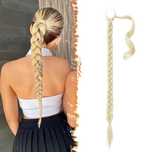 Miniatura 42 de Barsdar Extensión de 26 Pulgadas de Cola de Caballo Trenzada Larga con Banda Elástica - Extensiones de Cabello en Cola de Caballo Recta y Elegante