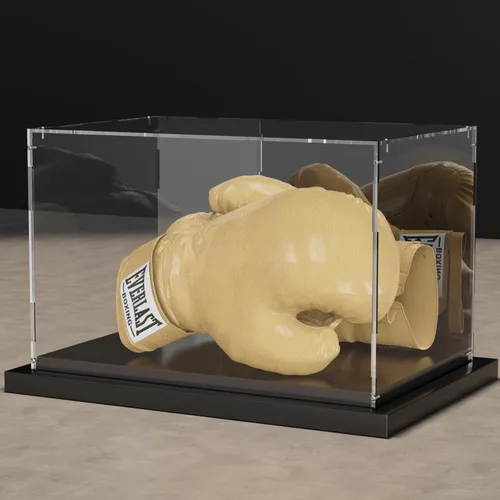 Vitrina de exhibición de guantes de boxeo acrílicos, soporte de tamaño completo con espejo en la parte posterior y base de metal negro ranurado para