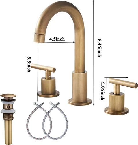 Miniatura 8 de Grifo de baño de 2 manijas 3 agujeros 360 caño giratorio latón antiguo grifo de fregadero de baño con drenaje desplegable Latón envejecido.