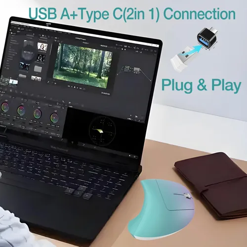 Miniatura 4 de Vassink Ratón ergonómico inalámbrico recargable, conexión USB A+Type C (2en1), 800/1200/1600 DPI, 6 botones, 2.4GHz, ratón vertical para túnel