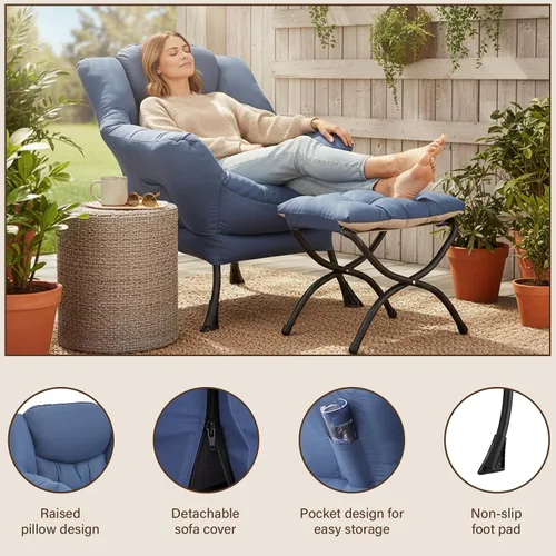 Miniatura 6 de Welnow - Silla perezosa con otomana, moderna silla de descanso con reposabrazos y bolsillo lateral, sillón de sofá tapizado de ocio, sillón de Azul