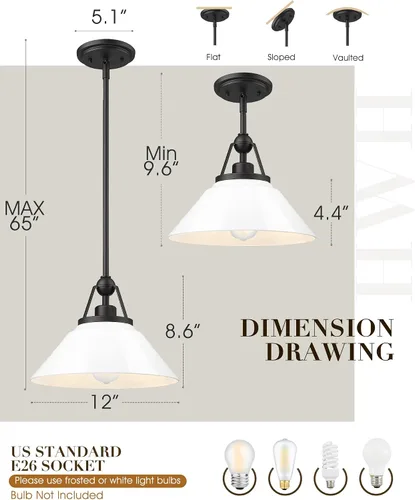 Miniatura 4 de HWH - Lámpara colgante blanca, moderna lámpara de isla de cocina de 12 pulgadas, iluminación colgante de 1 luz para comedor, escuela, metal negro