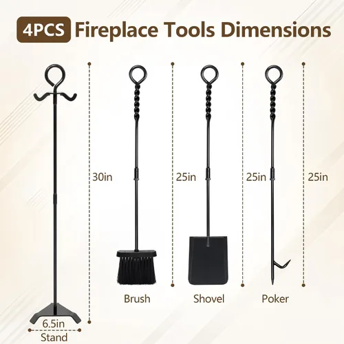 Miniatura 4 de Juego de herramientas para chimenea de 30 pulgadas, 4 piezas de accesorios de chimenea de acero al manganeso resistente, diseño de cuerda trenzada