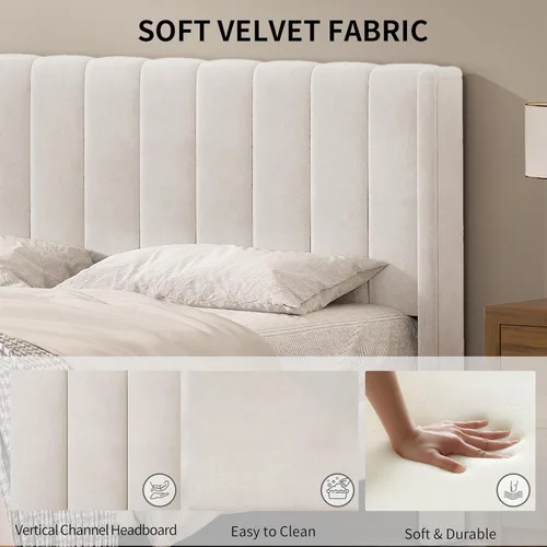 Miniatura 6 de Base de cama Queen con cabecero, base de cama de plataforma con respaldo de terciopelo vertical copetudo, soporte de listones de madera, no necesita