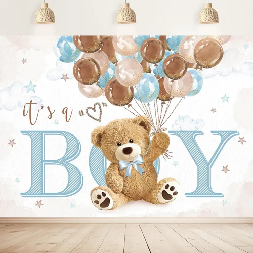 Miniatura 9 de Telón de fondo de oso para baby shower, de 5 pulgadas de ancho x 3 de alto, con texto en inglés «We Can Bearly Wait Brown Blue Balloons» de dibujos