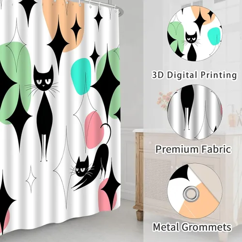 Miniatura 3 de Mid Century Black Cat Shower Curtain Modern Atomic Abstract Geometric Iconic Pattern Retro Black Kitty Animal 1950s 1960s Vintage Funny Teal Fabric