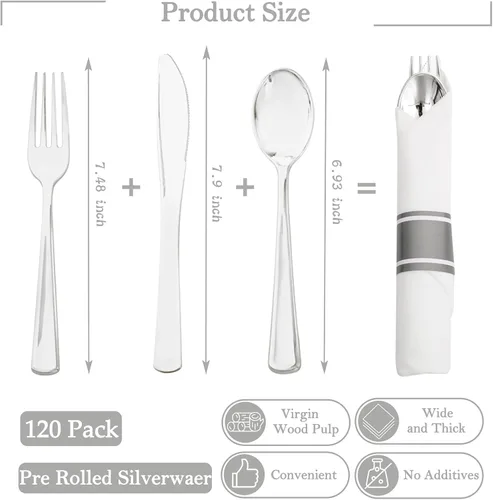 Miniatura 2 de Supernal Paquete de 120 cubiertos de plástico plateado, cubiertos de plástico enrollado, servilletas preenrolladas con juego de cubiertos, juego