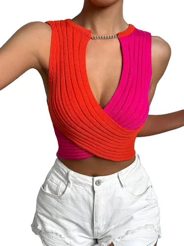 OYOANGLE Blusa corta sin mangas con bloques de color para mujer con corte cruzado