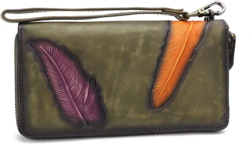 Miniatura 2 de Cartera de cuero genuino con cremallera alrededor de la muñeca bolso largo vintage en relieve de piel de vaca capacidad embrague hecho a mano
