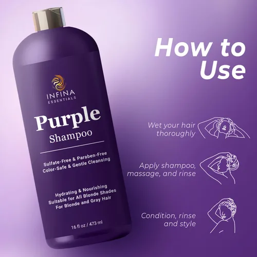 Miniatura 3 de INFINA ESSENTIALS Champú morado para cabello rubio, gris, cobrizo y teñido sin sulfatos, enriquecido con té verde y manzanilla y aceite de aguacate