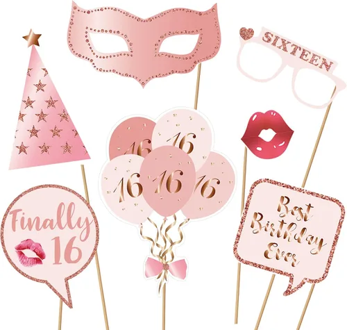 Miniatura 2 de Accesorios y letreros para cabina de fotos de fiesta de cumpleaños número 16, color oro rosa, kit de accesorios para selfies con palos para niñas