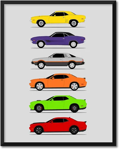 Miniatura 24 de Custom Car Posters Póster hecho a mano compatible con Dodge Challenger Generations e impresión de Challenger SRT, multicolor, impresión metálica